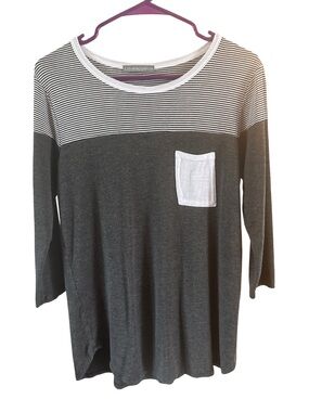 Loveappella Charcoal Long Sleeve Top with White Stripe Yoke & Pocket
